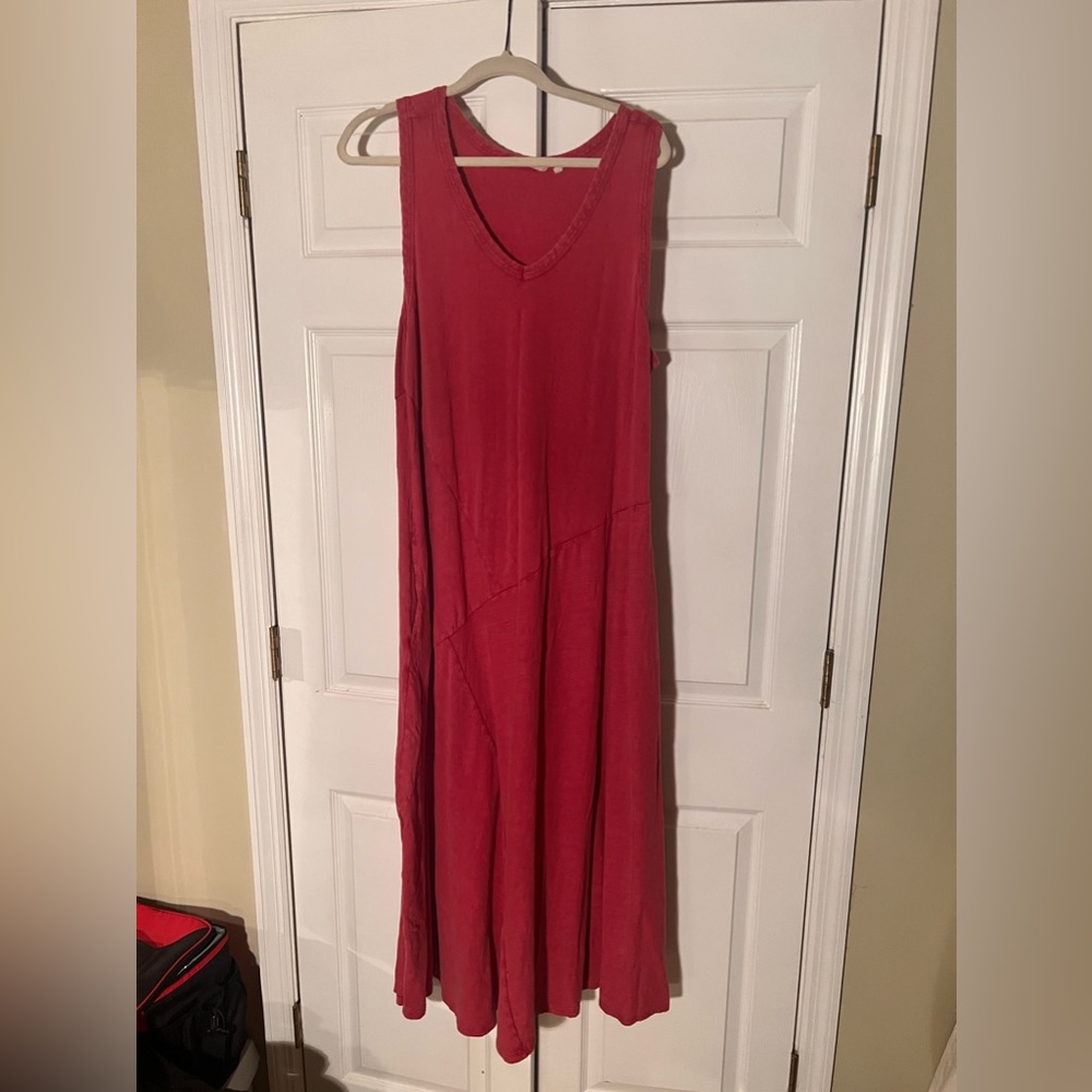 Soft Surroundings dress Warm pink color with muted pattern.